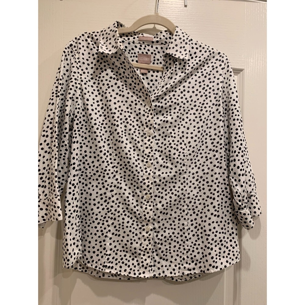 Chico's White with Black Polka Dots Cotton blouse 3/4 Sleeve Sz 1 (Medium 8)